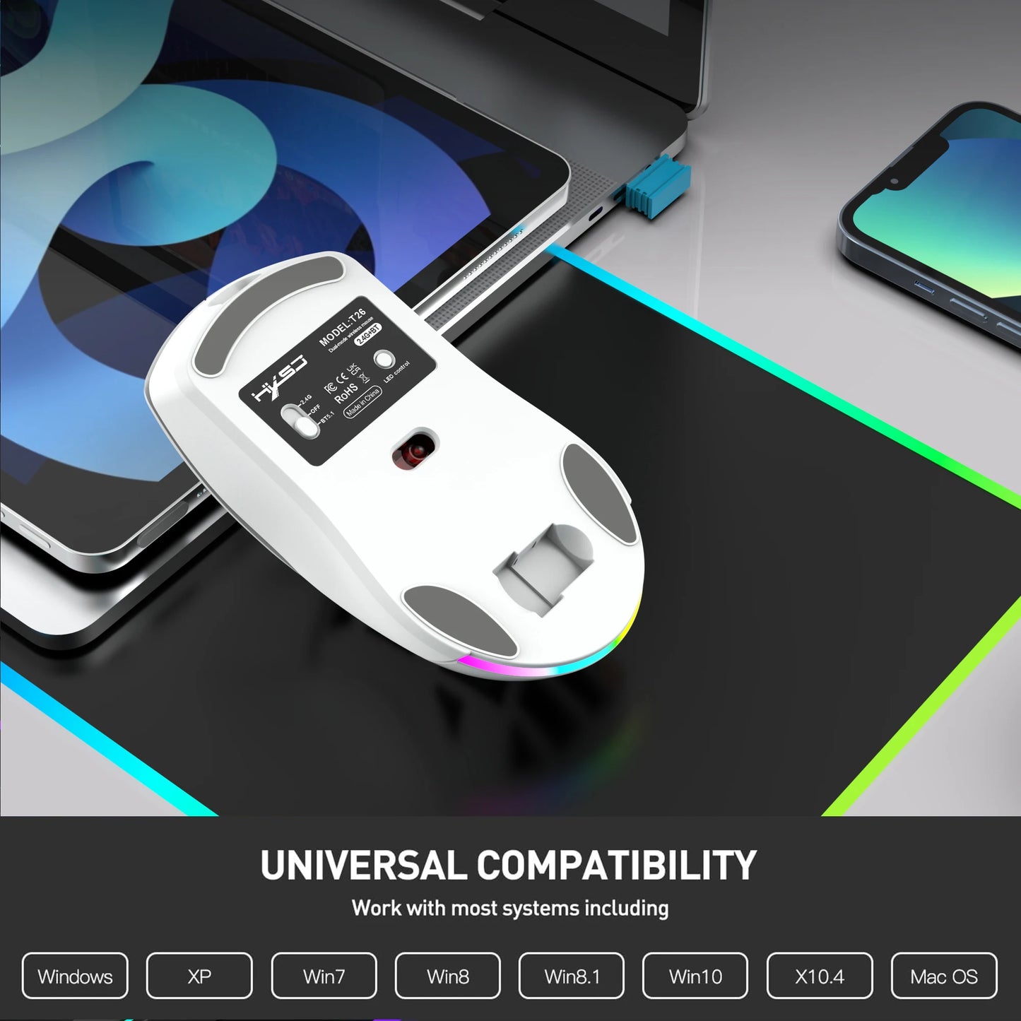 HXSJ T26 Dual Mode Wireless Gaming Mouse, Bluetooth 5.1 & 2.4G Rechargeable Gaming Mouse, 4800 DPI Ergonomic Optical Mouse for Laptop & PC