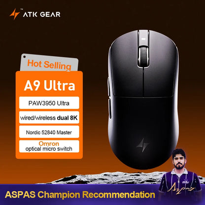 Mouse gaming wireless ATK Dragonfly A9 Ultra PAW3950 ultraleggero tri-mode ergonomico e-sport per gamer FPS A9 SE Plus