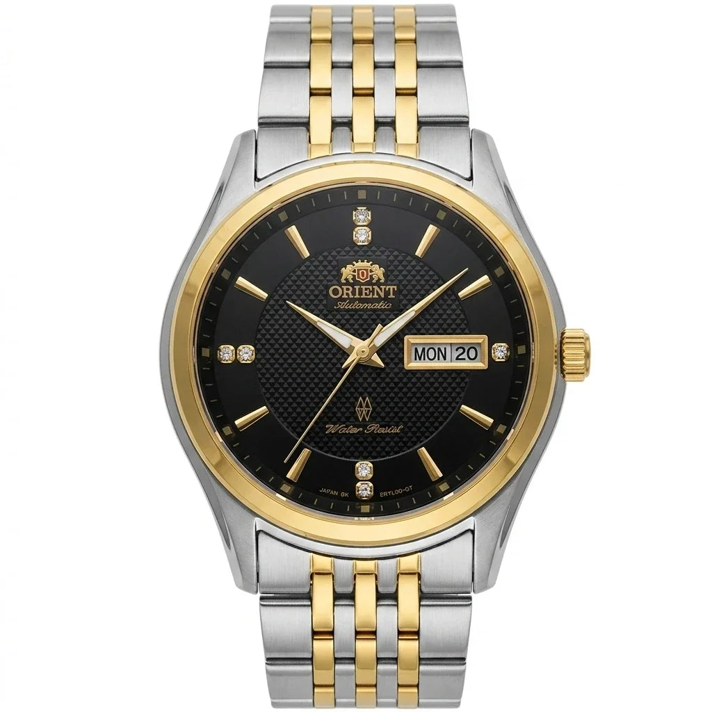 Mechanische Automatikuhr für Herren von Orient mit Doppelkalender (Datum und Wochentag), Kristallindexen und Edelstahlarmband – Armbanduhr im Business-Stil