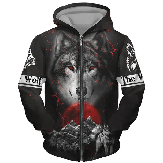 Sweat à capuz com fecho e estampado 3D de lobo, estilo streetwear, para homem/mulher, casaco com capuz unissexo casual hip-hop