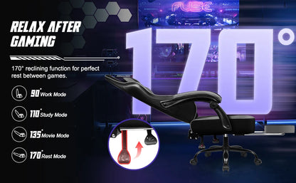 AUTHMIC Ergonomic Gaming Chair with 170° Reclining Backrest, Foldable Footrest, Soft Armrests, Supports 150kg, Breathable Material