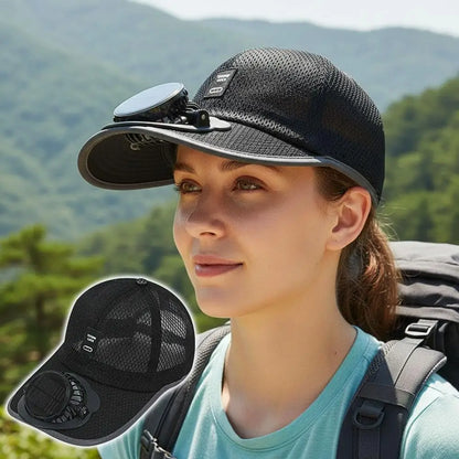 Prodyšný sluneční klobouk — solární ventilátor, nabíjení přes USB
