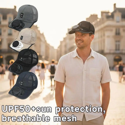 Prodyšný sluneční klobouk — solární ventilátor, nabíjení přes USB