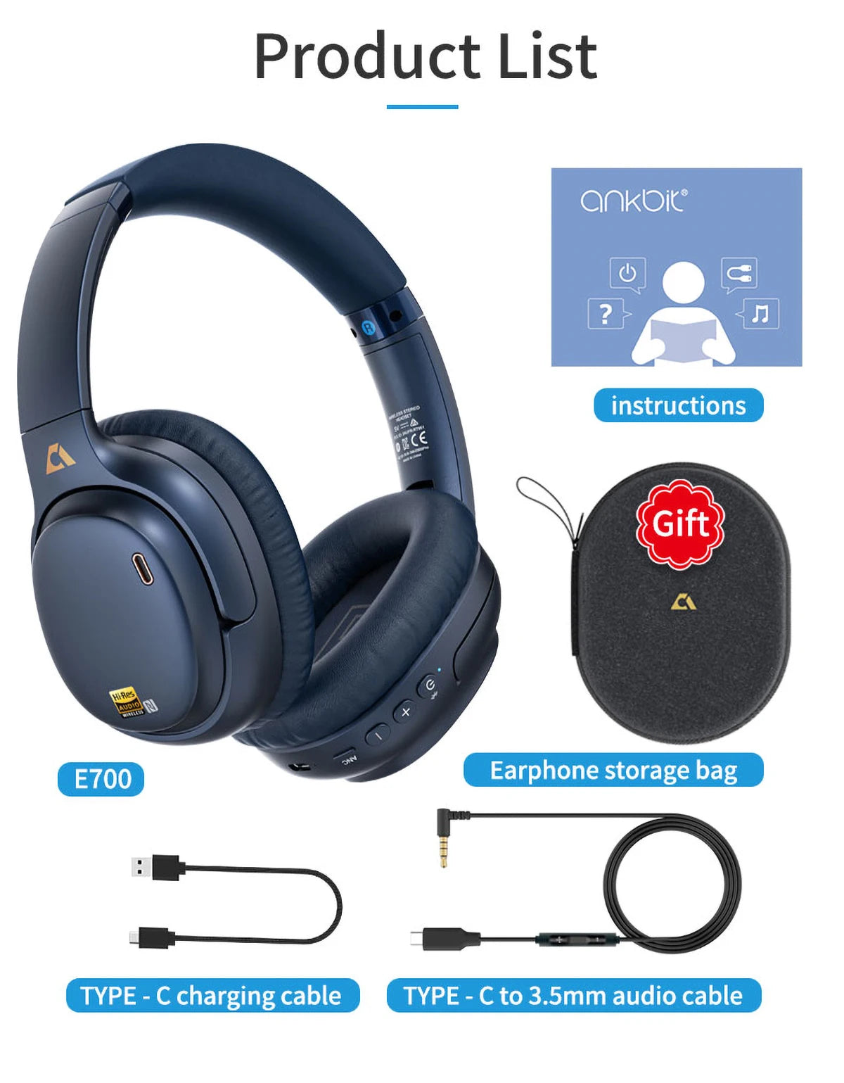 1Mii E700 Wireless Bluetooth Headphones LDAC Lossless Hi-Res Sound, ANC Active Noise Reduction, HIFI Stereo Gaming Headset, 65H