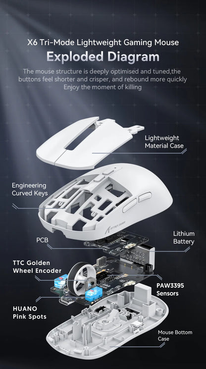 ATTACK SHARK X6 Tri-Mode Gaming Mouse with Magnetic Charging Dock, PixArt PAW3395 Sensor, 26K DPI, 49g Ultralight Wireless Gaming Mouse for PC & Mac