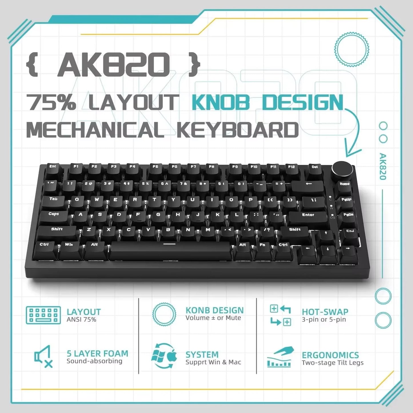 AK820 Wired Full-Key Hot-Swap Keyboard Removable USB Port White/Ice Blue Backlight Premium Sense Colorway
