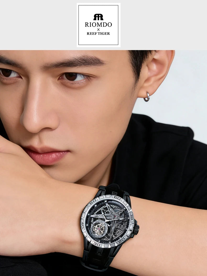 OBLVLO Mens Luxury Machinery Skeleton Dial Mechanical Automatic Watch Analog White Rubber Band Military Watch RD-901