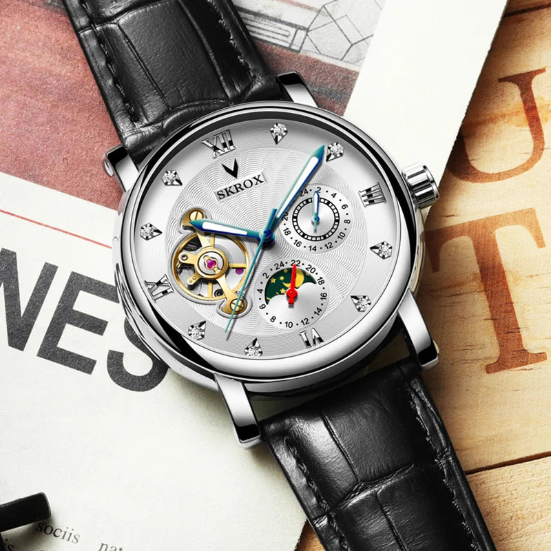 Reloj mecánico automático de lujo para hombre, de una marca de prestigio, con tourbillon, fase lunar y diamantes: un elegante reloj de pulsera.