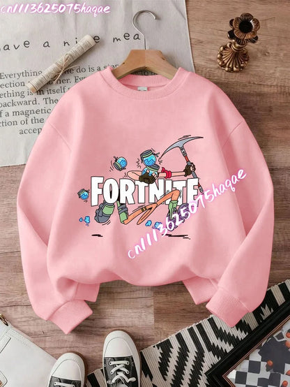 Sweat-shirts Fortnite novos para criança, hoodie com estampado de personagem de jogo em estilo cartoon, camisolas casuais de outono para criança, roupa de inverno para bebé menino