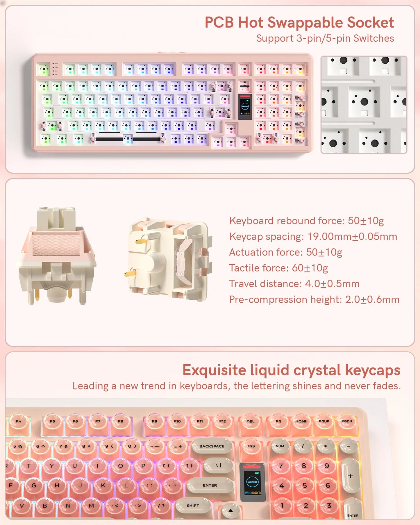 Womier Foundation WK98 Mechanical Keyboard With Display Pink Creamy 3 Mode Ergonomic Gasket Hot Swappable Gaming Keyboard