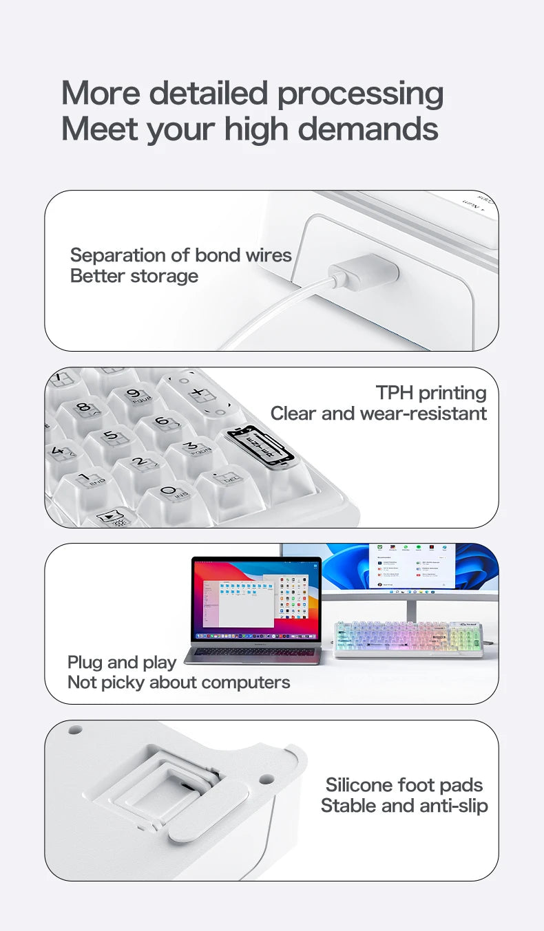 Teclado com fios FREEWOLF M95 com design transparente RGB, ideal para gaming, trabalho de escritório e vários outros cenários