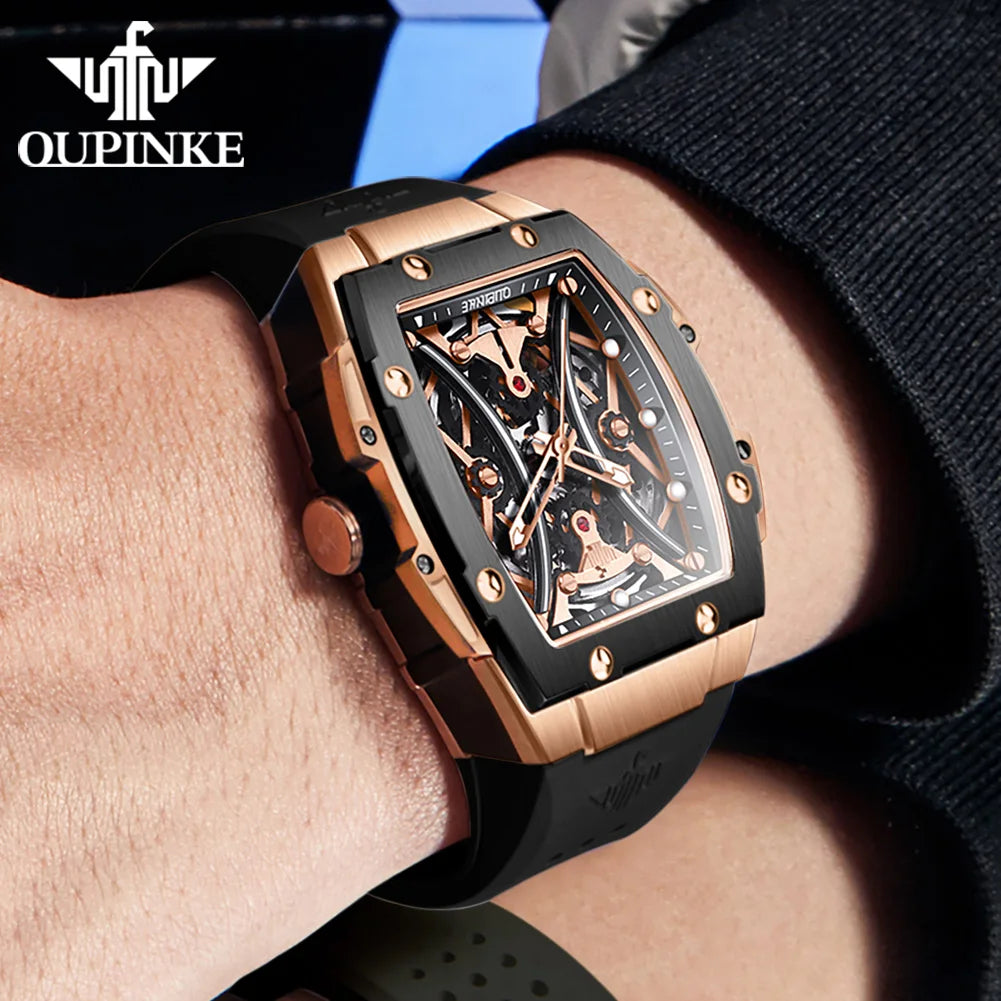 Reloj OUPINKE para hombre, clásico de lujo, esfera tonneau, marca premium original, movimiento mecánico automático, correa de silicona, cristal de zafiro, nuevo