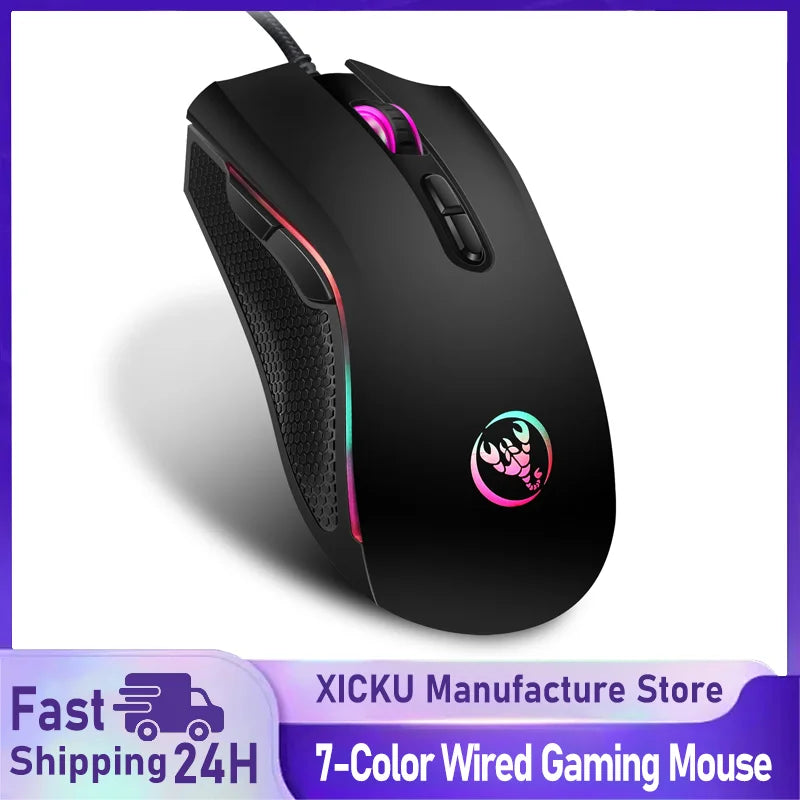 Ratón gaming óptico profesional de alta gama con retroiluminación LED en 7 colores brillantes y diseño ergonómico de 3200 DPI para jugadores de LOL y CS