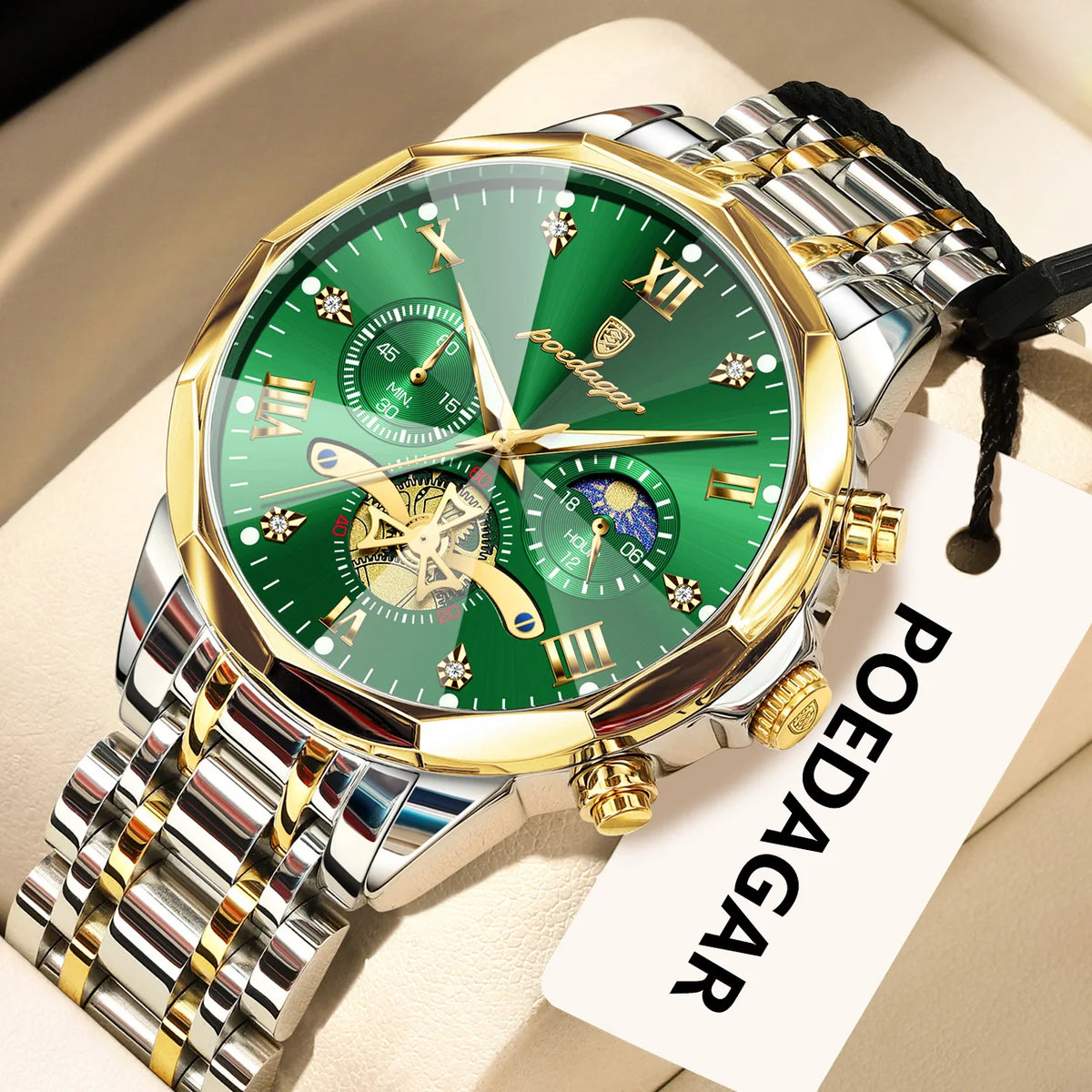 Originele luxe POEDAGAR herenhorloge, waterdicht, chronograaf met verlichting, roestvrijstalen quartz-polshorloge, hoogwaardige herenhorloges