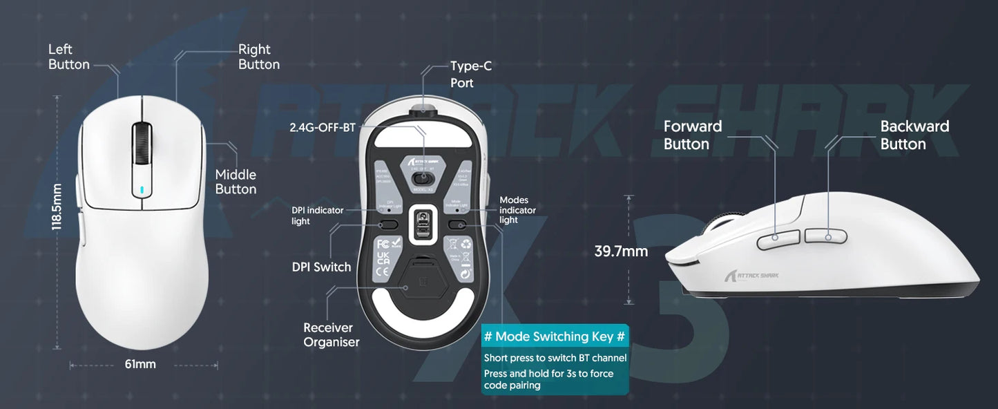 Ratón gaming inalámbrico ATTACK SHARK X3, ratón ergonómico para PC de 49g, tres modos, sensor óptico PAW3395 de 26K DPI, botones programables