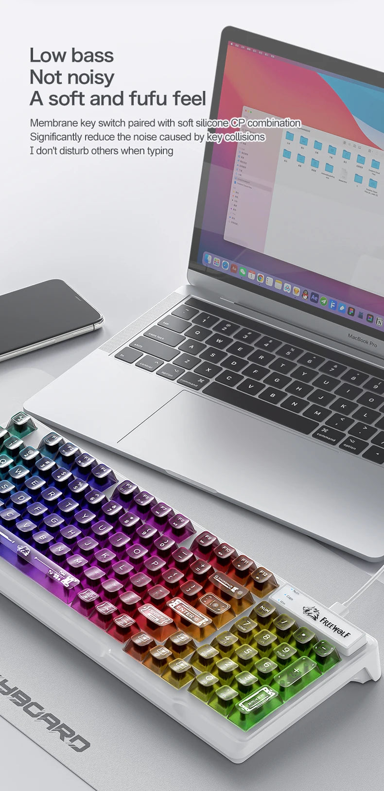 Teclado com fios FREEWOLF M95 com design transparente RGB, ideal para gaming, trabalho de escritório e vários outros cenários