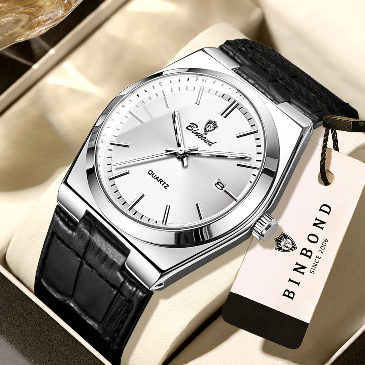 Montre-bracelet à quartz de luxe BINBOND pour homme – Étanche, lumineuse, avec date automatique – Style professionnel, sportif, tendance et décontracté – Bracelet en cuir