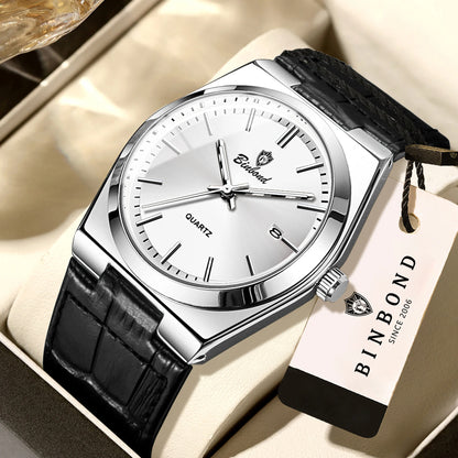 Montre-bracelet à quartz de luxe BINBOND pour homme – Étanche, lumineuse, avec date automatique – Style professionnel, sportif, tendance et décontracté – Bracelet en cuir