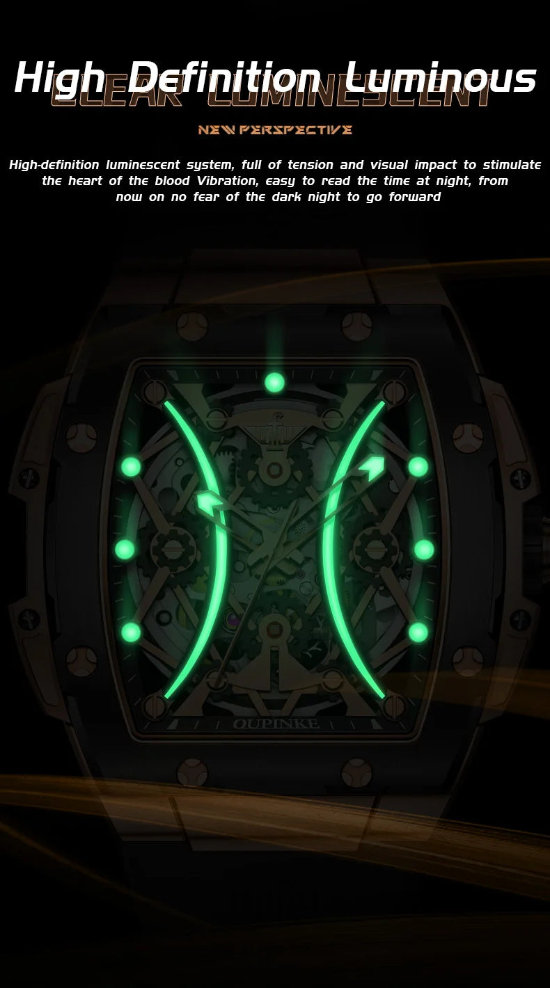 Reloj OUPINKE para hombre, clásico de lujo, esfera tonneau, marca premium original, movimiento mecánico automático, correa de silicona, cristal de zafiro, nuevo