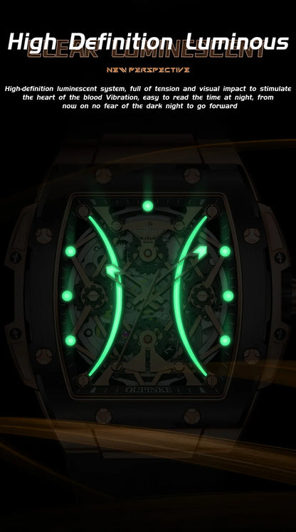 Reloj OUPINKE para hombre, clásico de lujo, esfera tonneau, marca premium original, movimiento mecánico automático, correa de silicona, cristal de zafiro, nuevo