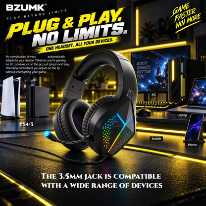 Casque de jeu filaire BZUMK H2, son surround 7.1 RGB, haut-parleurs de 50 mm, casque supra-auriculaire, microphone à réduction de bruit pour PC, PS4, PS5