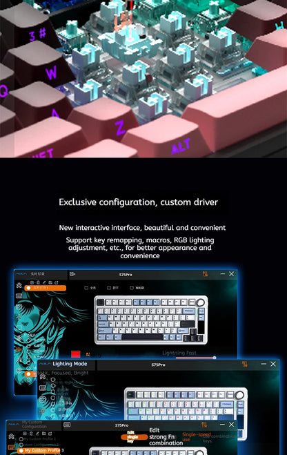 Tastiera meccanica AULA S75 PRO 75% layout personalizzato, retroilluminazione RGB, wireless Bluetooth, tastiera da gaming con schermo e manopola