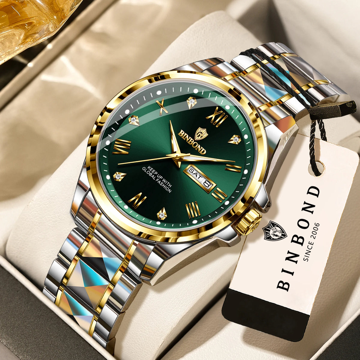BINBOND men’s quartz wristwatch – Professional style, luxurious, luminous, robust and durable, water-resistant, with automatic date and day-of-the-week display.