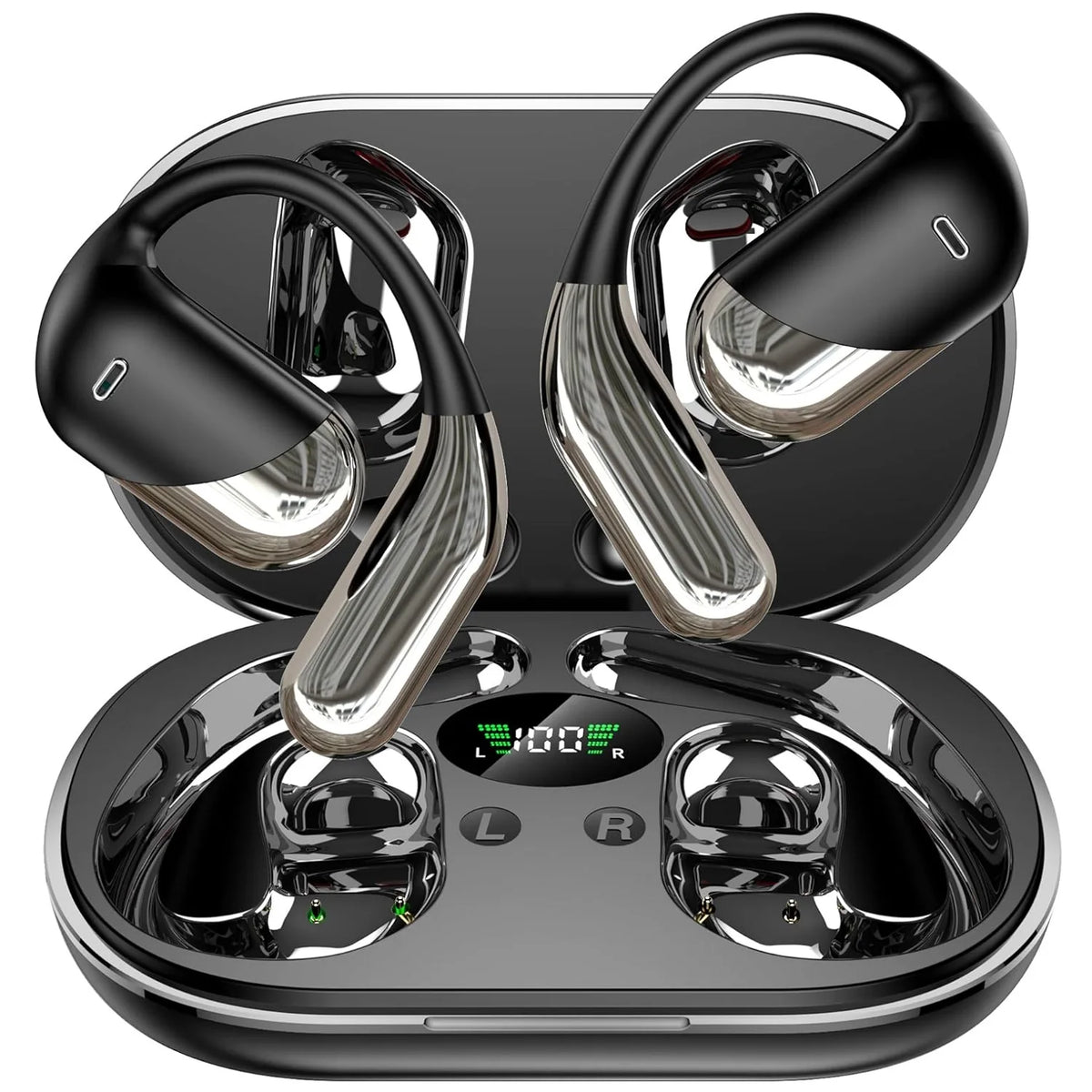Écouteurs sans fil sport Bluetooth V6.1 avec micro anti-bruit, 60h d'autonomie, stéréo HiFi, affichage LED, USB-C, IPX7