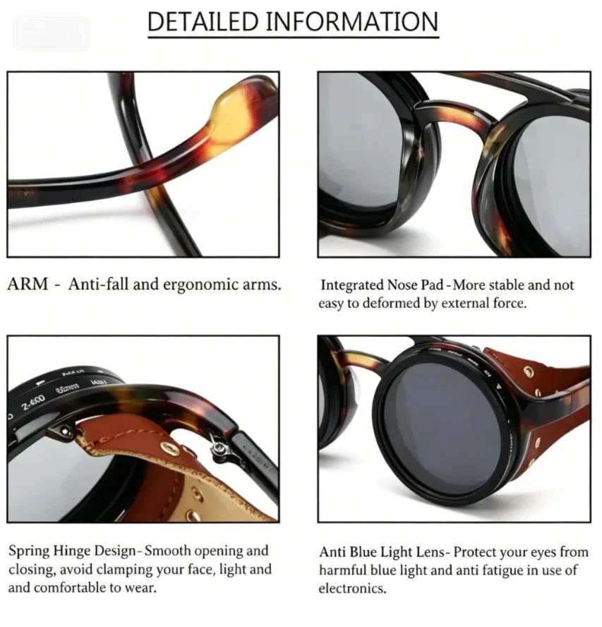 Adjustable 9-Gear ND Filter Steampunk Sunglasses UV400 Round Retro Punk Sun Glasses with Side Shields Leather Patch for Men Wome