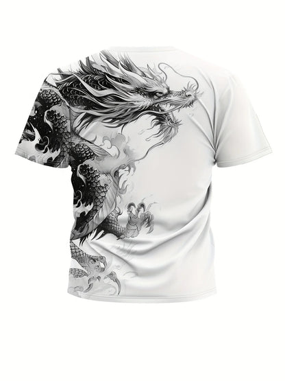 T-shirt da uomo con stampa drago, tessuto casual traspirante, maglietta grafica street style, moda outdoor, camicia a maniche corte da uomo