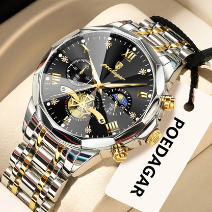 Originele luxe POEDAGAR herenhorloge, waterdicht, chronograaf met verlichting, roestvrijstalen quartz-polshorloge, hoogwaardige herenhorloges