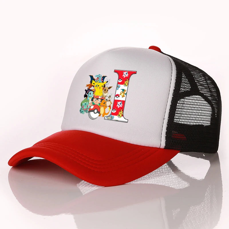 Pokemon Letter A-Z Unisex Baseball Cap Cartoon Anime Pikachu Sun Protection Mesh Sunhat Men Women Summer Outdoor Travel Peak Cap