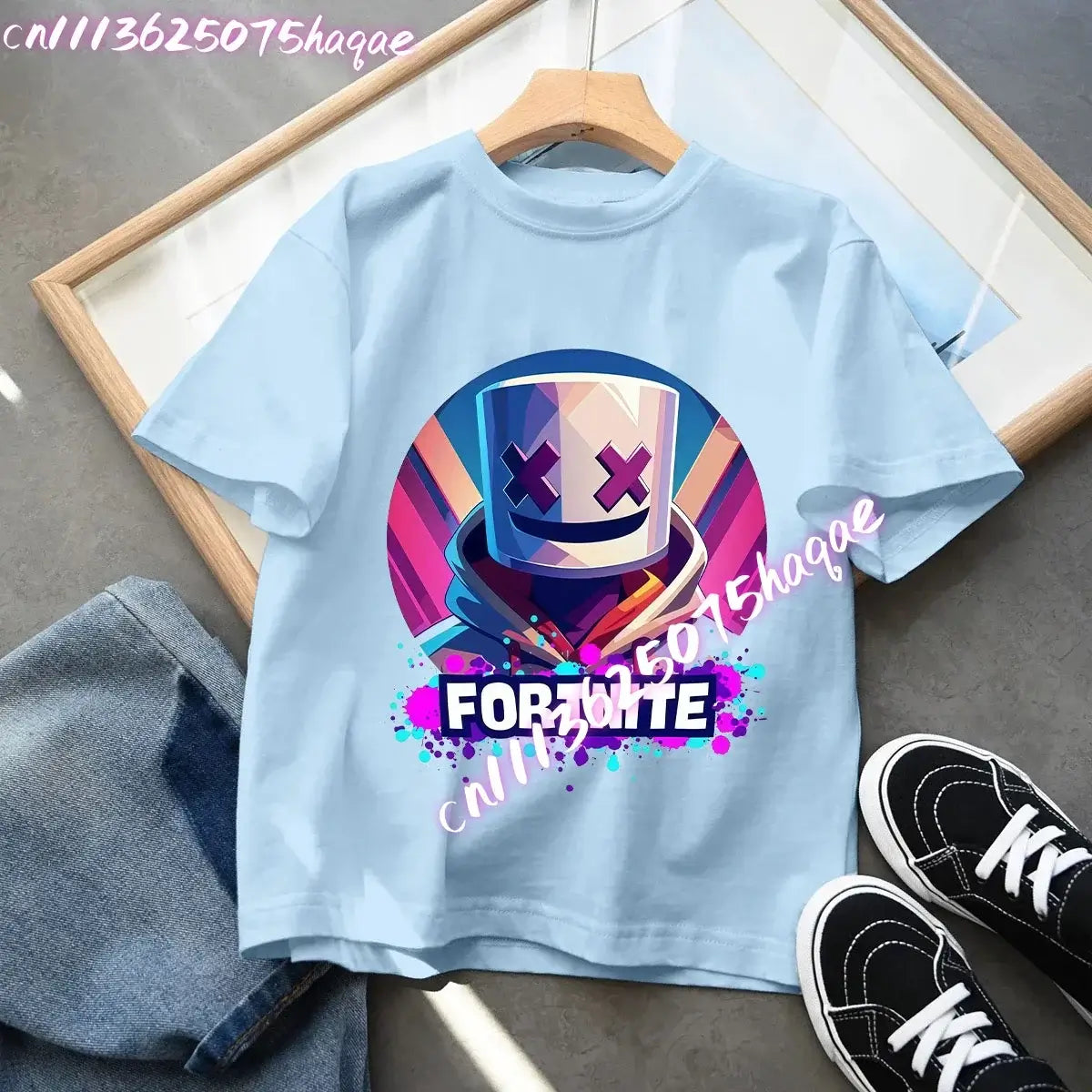 Camiseta azul de algodón para niños Fortress Night, manga corta, diseño kawaii de dibujos animados para niño y niña, ropa de verano, regalo