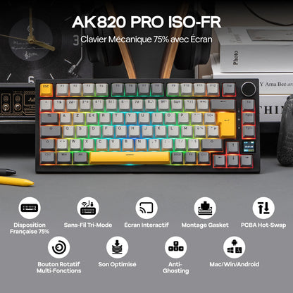 Distribución ISO-FR EPOMAKER X AJAZZ AK820 PRO 75% AZERTY francés, teclado mecánico hot-swap con cable/BT/inalámbrico 2.4GHz para Win/Mac/PC