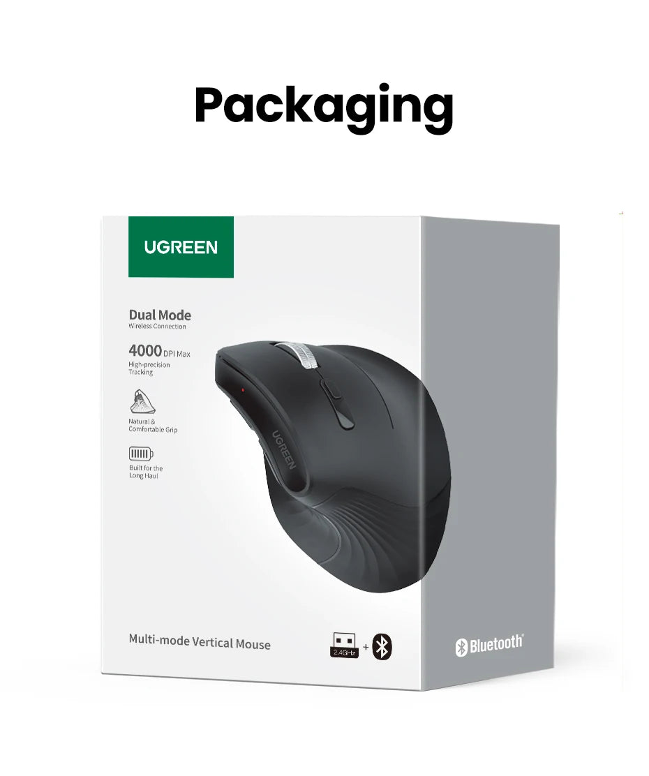 UGREEN Vertical Mouse Wireless Bluetooth 5.0 2.4G Ergonomic 4000DPI 6 Mute Buttons for MacBook Tablet Laptops Computer PC Mice