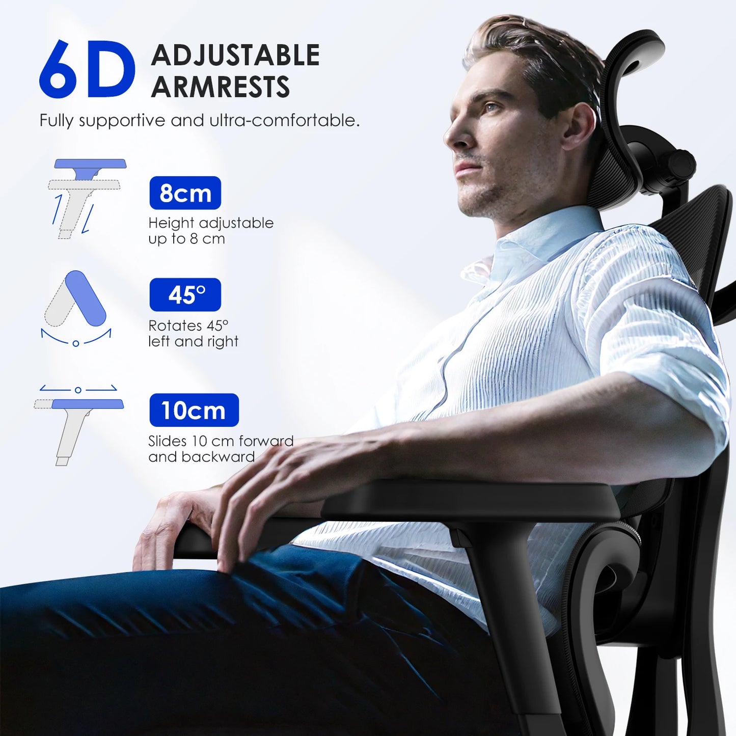 AUTHMIC Ergonomic Office Chair with 6D Adjustable Armrests, 3D Headrest, Lumbar Support, Reclining Mesh Desk Chair 200kg Capacity