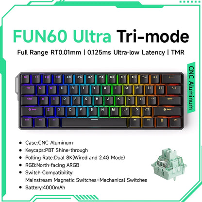 Tastiera gaming meccanica Akko MonsGeek FUN60 Ultra con switch magnetici, 60%, Rapid Trigger 8K HE/TMR, tastiera gamer personalizzata in alluminio