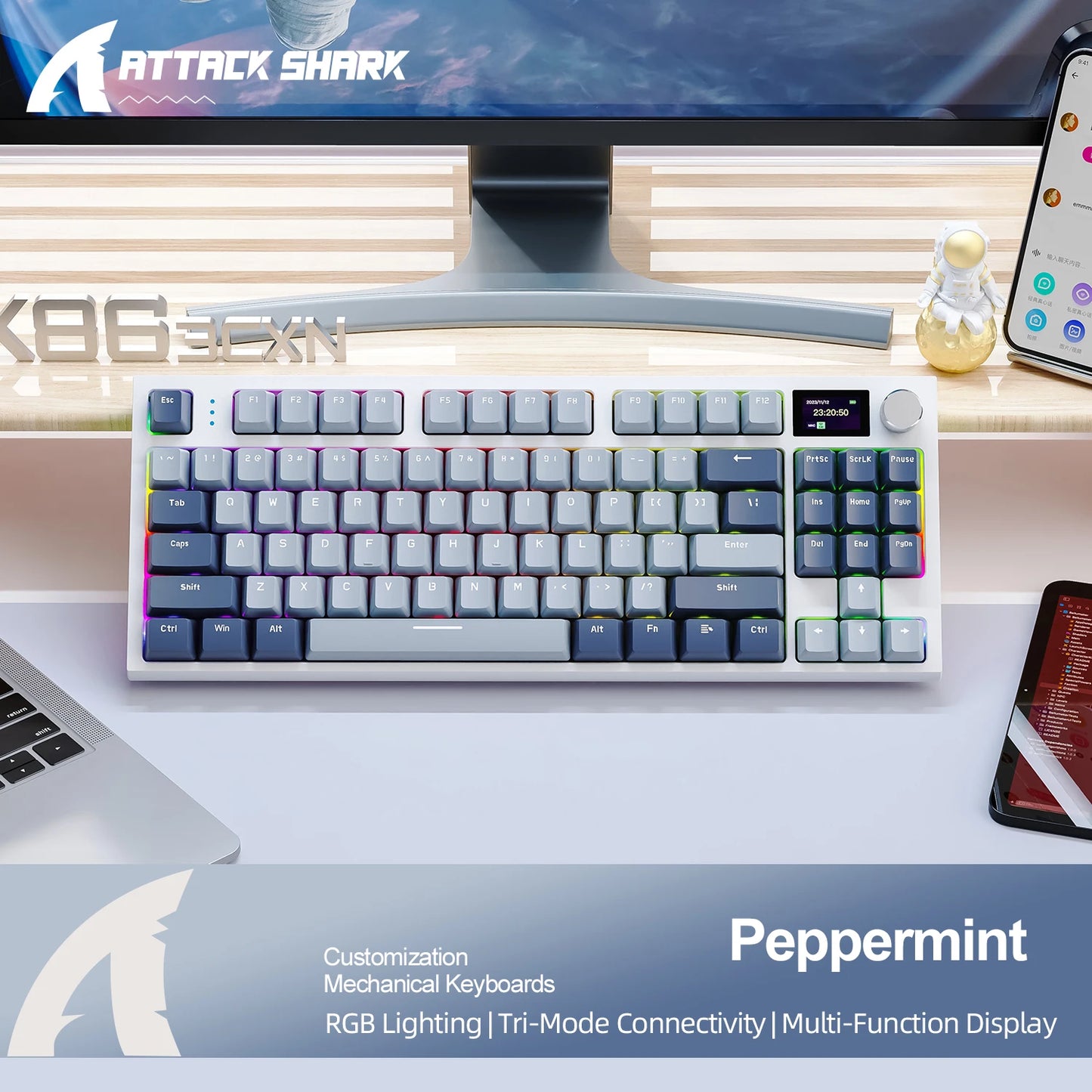 Attack Shark K86 Wireless Mechanical Keyboard, TFT Display, Metal Knob, RGB Backlit, Hot-Swappable, Bluetooth for Gaming & Office