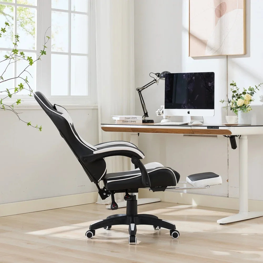 360° Swivel Ergonomic Racing Design Gaming Chair Leather High Back Office Chair Height Adjustable Task Chair, Black & White