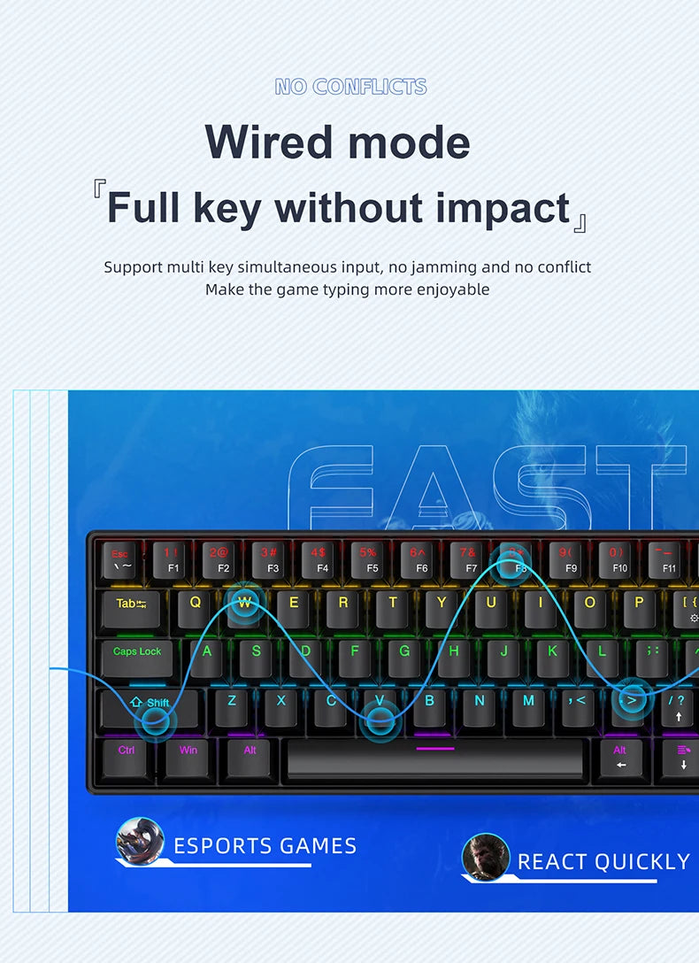 61 Keys RGB Mechanical Keyboard Wired K61 Mini Keyboard 60% Portable Black, White, Red/Blue Switch for Gaming/Work