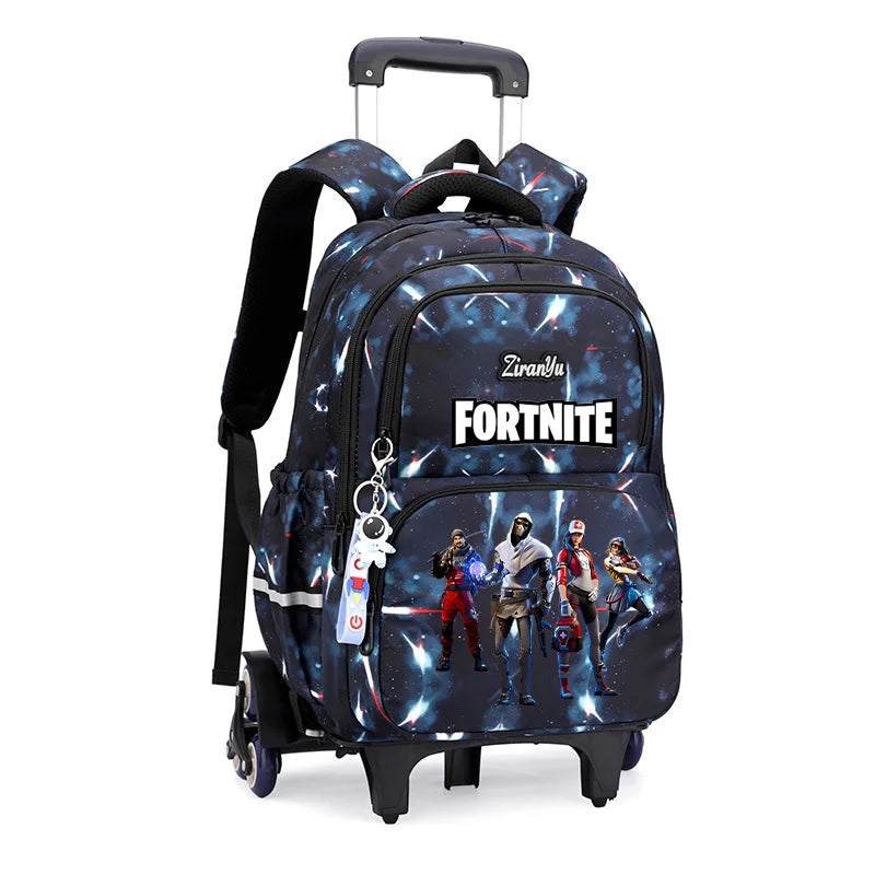 Mochila com Rodas Fortnite Anime, Impermeável, de Grande Capacidade, para Estudante — Saco Escolar Casual de Viagem com Carrinho e Subida Fácil de Escadas