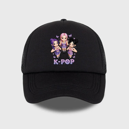 K-POP Cute Cartoon Girl Group Print Sponge Mesh Cap | Unisex Adjustable Mesh Baseball Cap | Y2K K-Pop Fan Street Style Sun Hat