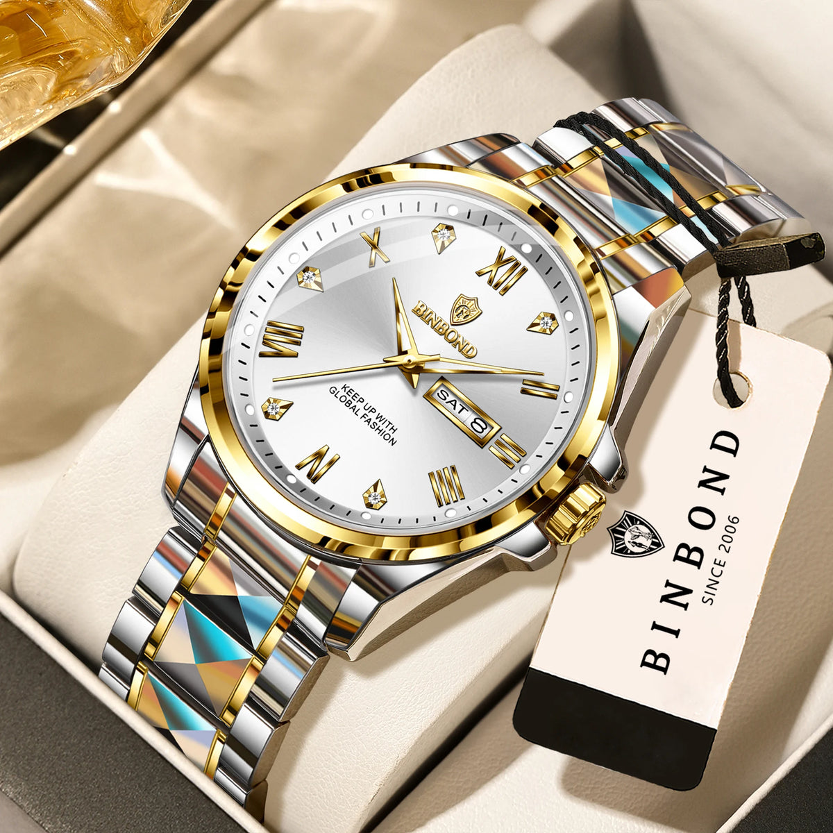 BINBOND men’s quartz wristwatch – Professional style, luxurious, luminous, robust and durable, water-resistant, with automatic date and day-of-the-week display.