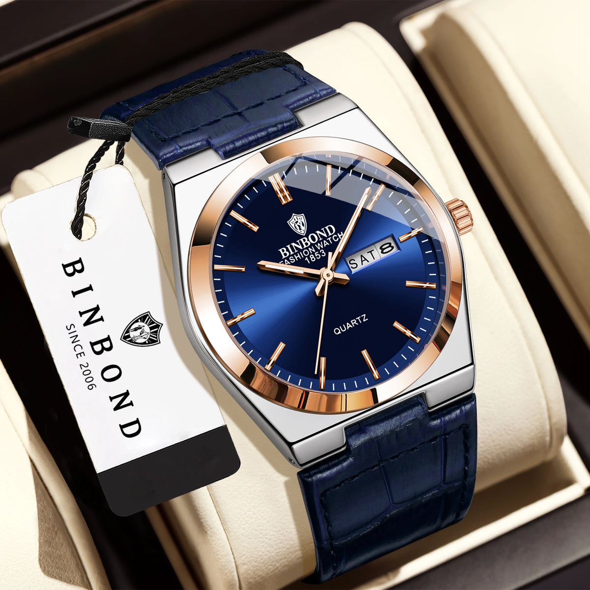 Montre-bracelet à quartz BINBOND de luxe avec bracelet en cuir, précise, lumineuse, étanche, affichage automatique de la date et du jour de la semaine, durable, pour homme.