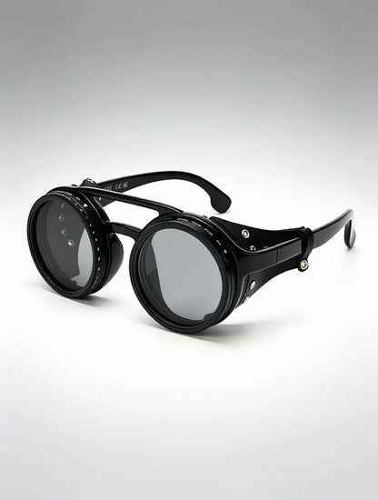 Adjustable 9-Gear ND Filter Steampunk Sunglasses UV400 Round Retro Punk Sun Glasses with Side Shields Leather Patch for Men Wome