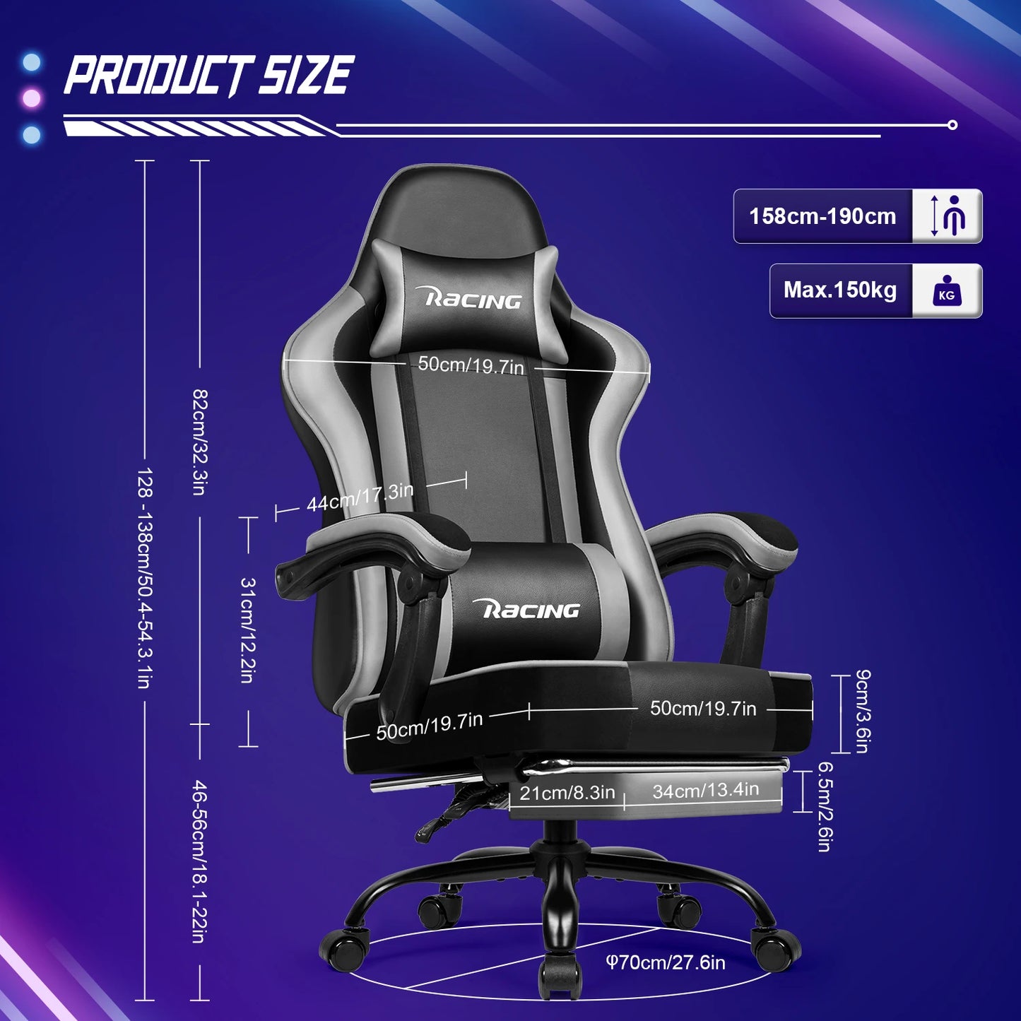 AUTHMIC Ergonomic Gaming Chair with 170° Reclining Backrest, Foldable Footrest, Soft Armrests, Supports 150kg, Breathable Material