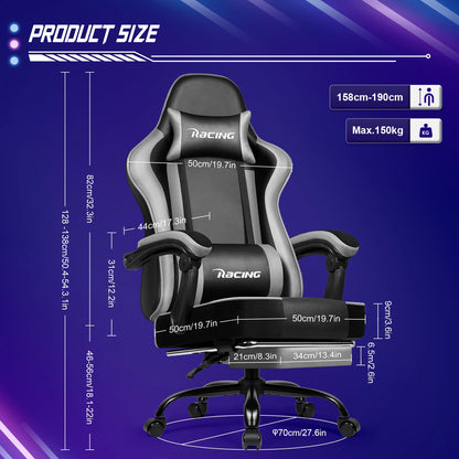 AUTHMIC Ergonomic Gaming Chair with 170° Reclining Backrest, Foldable Footrest, Soft Armrests, Supports 150kg, Breathable Material