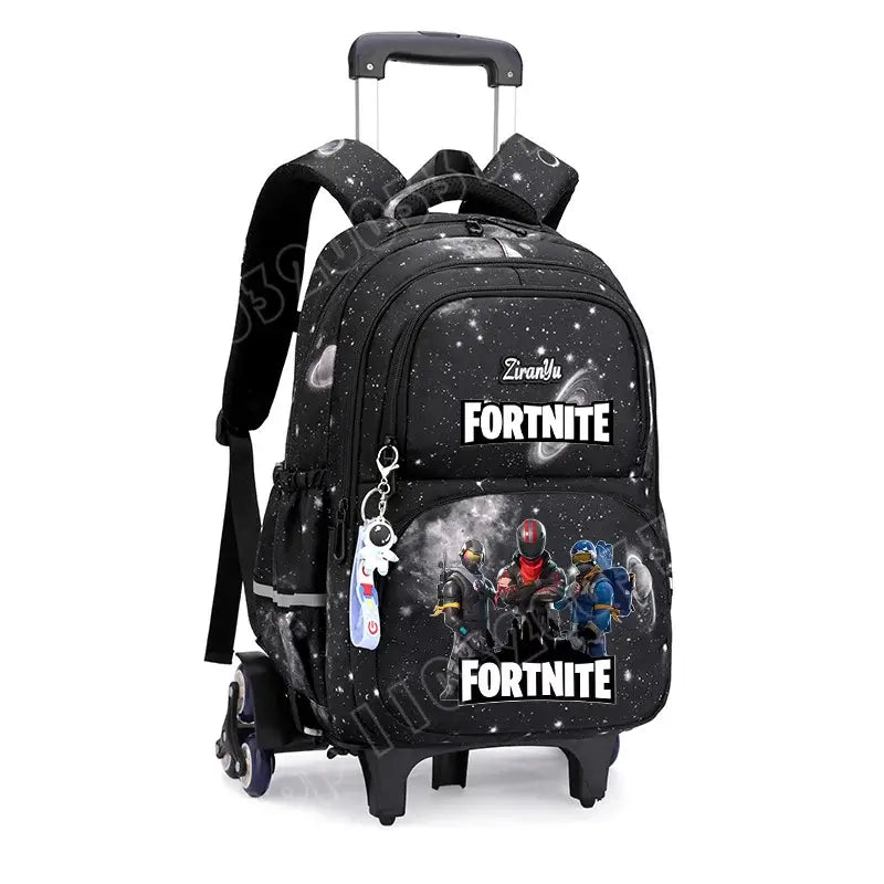 Mochila com Rodas Fortnite Anime, Impermeável, de Grande Capacidade, para Estudante — Saco Escolar Casual de Viagem com Carrinho e Subida Fácil de Escadas