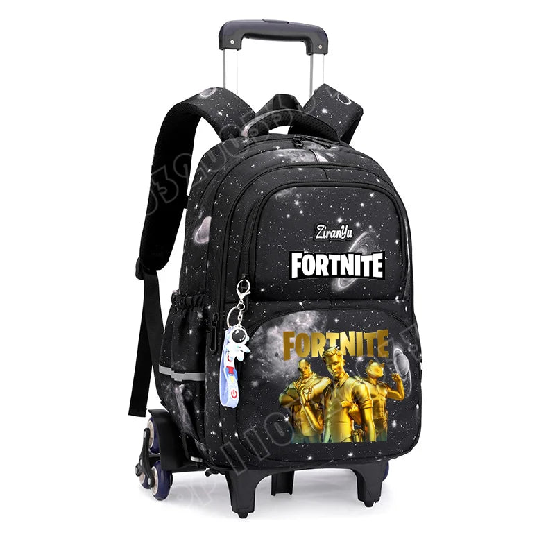 Mochila com Rodas Fortnite Anime, Impermeável, de Grande Capacidade, para Estudante — Saco Escolar Casual de Viagem com Carrinho e Subida Fácil de Escadas