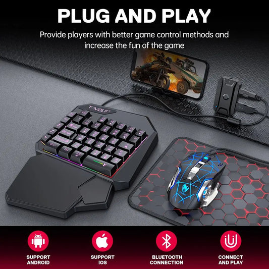 Kit Gaming Mobile Mobilador Kit Teclado Gaming Rato Conversor para Jogos Mobile 3 em 1 Combo Teclado de Uma Mão para PUBG Mobile Games TF900